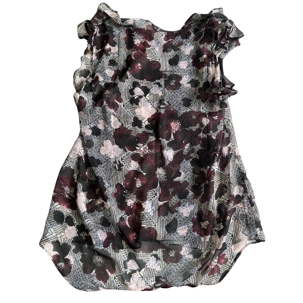 Cabi Floral Geometric Print Ruffle Neck Sleeveless Blouse Burgundy Black Small